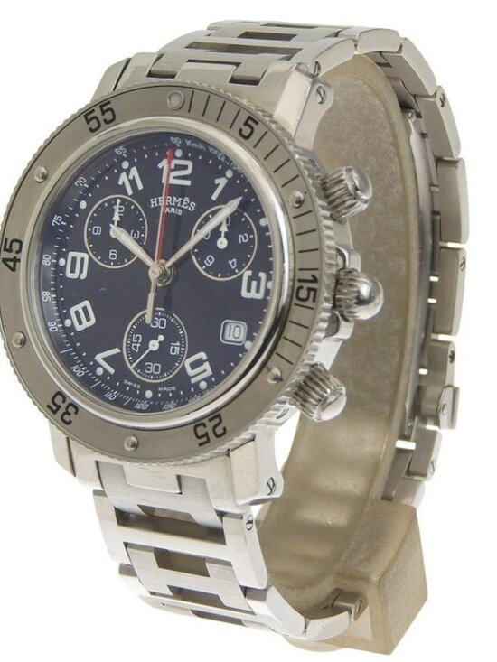 HERMES Clipper Watches CL2.910 blackDial Stainless Steel Quartz Chronograp...